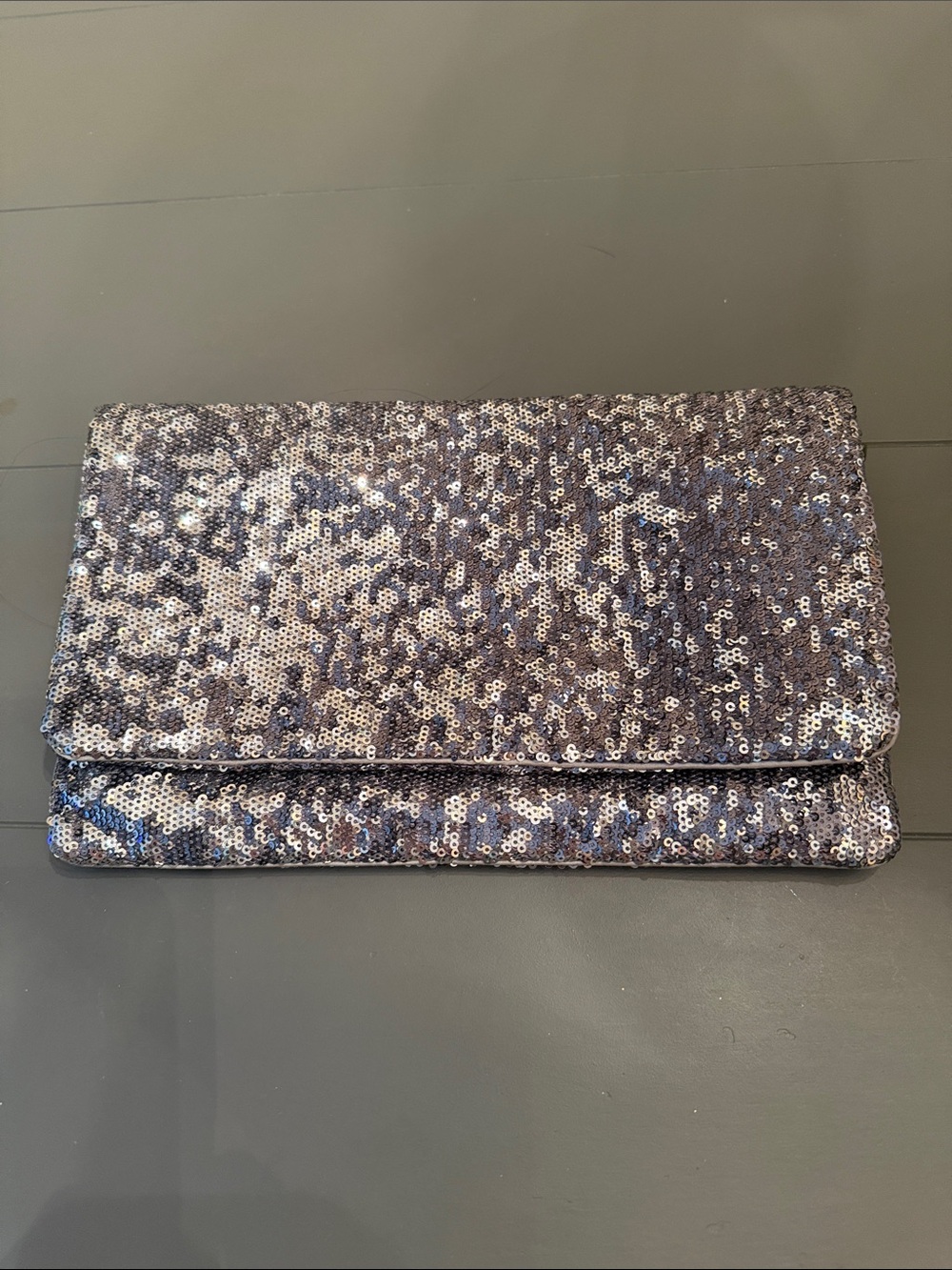 BCBG Gorgeous Clutch silver gray sequin magnetic envelope zipper close